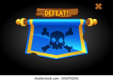 Vector pop up defeat pennant for game. Hanging banner with a skull and the inscription lose.