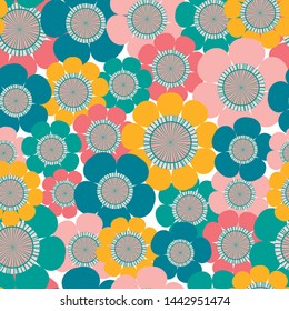 vector pop style floral composition. Flowers with bright colors seamless pattern. 70's. Perfect for fabric, wallpaper, giftwrap, bedding, bags, clothes, scrapbooking art and packaging design projects