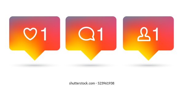 Vector pop ups for social network comunication. Like, chat and new friends symbols. Rainbow gradient. Trendy style. 