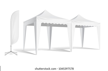 Vector pop up white realistic tent for outdoor event. Illustration isolated on white background vector