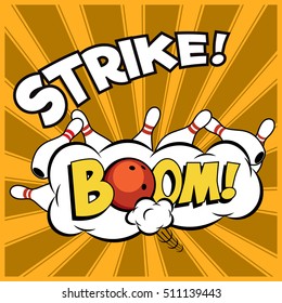 Ilustración de bolos de arte pop vectorial en un fondo vintage.Golpe de boliche.