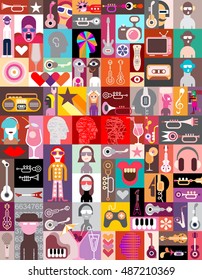 Vector pop-art collage of musical theme images with people portraits. Graphic art composition of many various images. 
