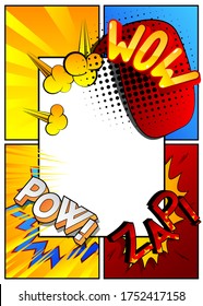 Vector pop-art style comic book page template background with explosions, halftone effects and rays.