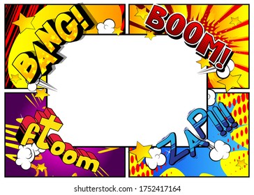 Vector pop-art style comic book page template background with explosions, halftone effects and rays.