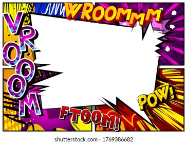 Vector pop-art style comic book page template background with explosions, speech bubble, halftone effects and rays.