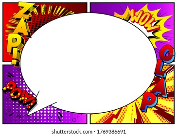Vector pop-art style comic book page template background with explosions, speech bubble, halftone effects and rays.