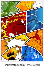 Vector pop-art style comic book page template with explosions, halftone effects and rays.