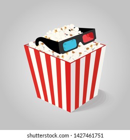 Vector popcorn in box with 3d glasses for cinema, movie theater. Plastic glasses with red and blue lenses. Entertainment pack