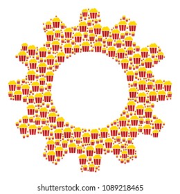 Vector popcorn bucket icons are united into cogwheel combination. Service design concept constructed with popcorn bucket objects.