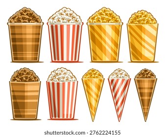 Vector Popcorn Bucket Set, group of 9 cut out illustrations fluffy various flavors popcorn kernels in big mockup buckets, collection of variety triangle-shaped carton popcorn bags on white background