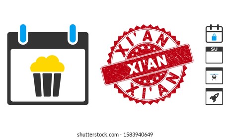Vector popcorn calendar day icon and rubber round stamp seal with Xi'An phrase. Flat popcorn calendar day icon is isolated on a white background. Xi'An seal uses red color and rubber texture.
