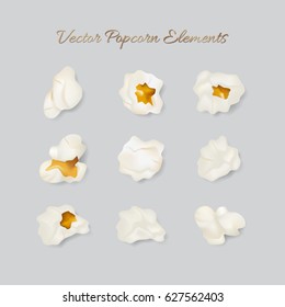 Vector popcorn elements isolated on grey.