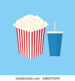 Vector popcorn illustration. Cinema concept. Popcorn with soda pop