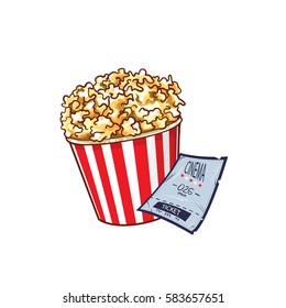 Vector popcorn and ticket for cinema. Illustration isolated on white background.