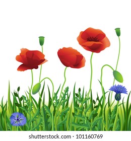 Cachorros vectoriales y flores de maíz en césped verde
