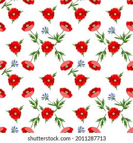 Vector - poppies flower variation seamless pattern as a watercolor illustration with leaves.