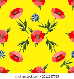 Vector - la variación floral de la amapola se realiza sin fisuras como una ilustración acuarela con hojas.