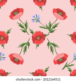 Vector - la variación floral de la amapola se realiza sin fisuras como una ilustración acuarela con hojas.