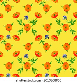 Vector - poppies flower variation seamless pattern as a watercolor illustration with leaves.