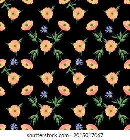 Vector - poppies flower variation seamless pattern as a watercolor illustration with leaves.