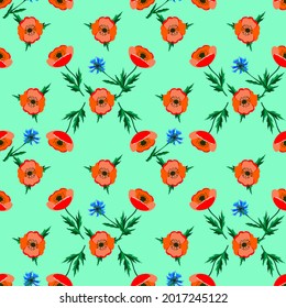 Vector - poppies flower variation seamless pattern as a watercolor illustration with leaves.