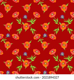 Vector - poppies flower variation seamless pattern as a watercolor illustration with leaves.
