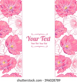 Vector  poppies flowers vertical frame pattern background . Invitation or greeting card design.Vector illustration