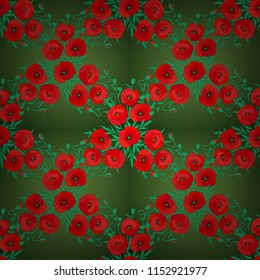 Vector poppy flower seamless pattern in green, red and brown colors.