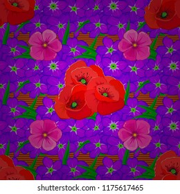 Vector poppy flower seamless pattern in violet, red and magenta colors.