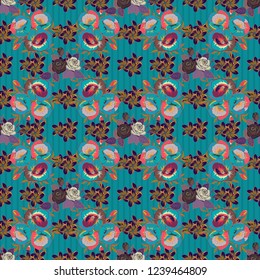 Vector poppy flower seamless pattern in blue, brown and pink colors.