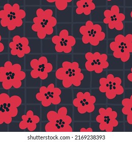 Vector poppy flower seamless pattern. Red poppy flowers on gray checkered background.
