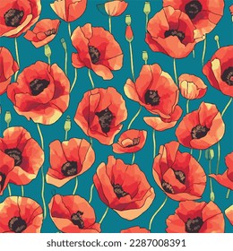 Vector poppy flower seamless pattern in a delicate and pastel color palette, suitable for various design projects