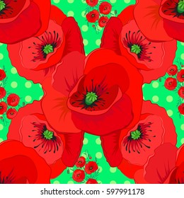 Vector poppy flower seamless pattern on a green background.