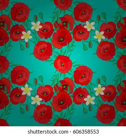 Vector poppy flower seamless pattern on a blue background.