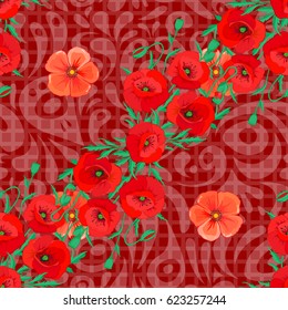 Vector poppy flower seamless pattern on a red background.