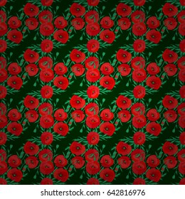 Vector poppy flower seamless pattern on a green background.