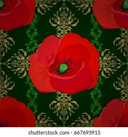 Vector poppy flower seamless pattern on a green background.