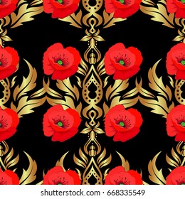 Vector poppy flower seamless pattern on a black background.