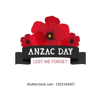 Vector poppy flowers with black ribbon. Remembrance day, Anzac day illustration.  Lest we forget 