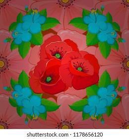 Vector poppy flowers seamless pattern. Seamless Floral Pattern in pink, red and green colors.