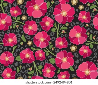 Vector poppy flowers seamless pattern design. Black leopard skin bacground.