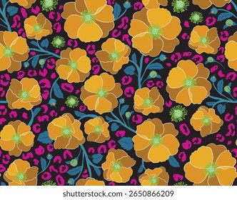Vector poppy flowers seamless pattern design. Pink leopard skin bacground.