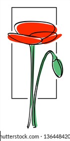 Vector poppy on a white background, outline, imitation of watercolor. Modern flat vector illustration.