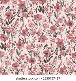 vector poppy pattern, vintage, seamless, romantic mood