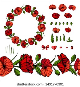 Vector poppy set. Seamless brush composition, and poppi flower wreath for a spring holidays. Isolated. Hand drawn graphic illustration. Templates for floral romantic cards and textile patterns.