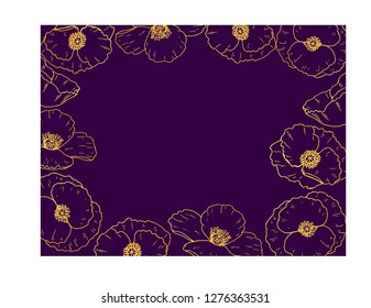 Vector poppy space for card or text or invitation - gold lines of flowers on a purple background. Isolated.