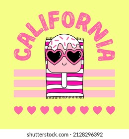 VECTOR OF A POPSICLE ON A TOWEL AND SUNGLASSES WITH THE TEXT CALIFORNIA, SLOGAN PRINT