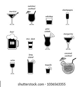 Vector popular drink types with every piece isolated. Names mentioned on top of each drink.