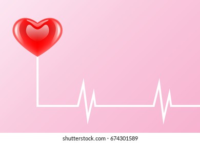 vector popular icon, glossy red color heart shaped with heartbeat electrocardiogram, health concept
