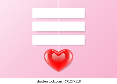 vector popular icon, red color heart shaped hanging tied with a white paper label, blank for your text on pink color background, beautiful illustration minimalist, for love is concept
